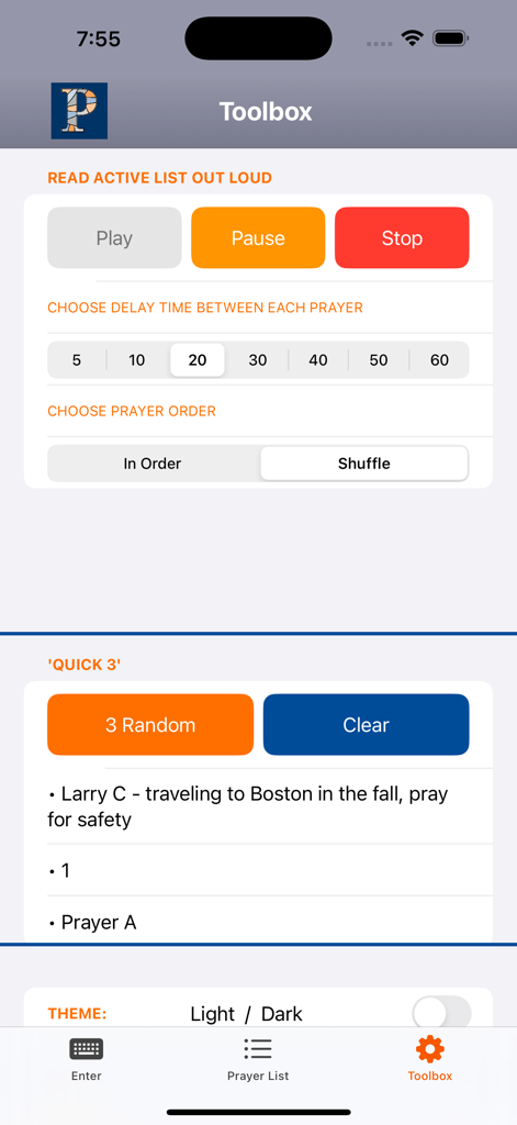 PrayerPoint: Prayer List - The Toolbox screen of the PrayerPoint app showing text-to-speech controls, prayer delay settings, and a random prayer selection tool.
