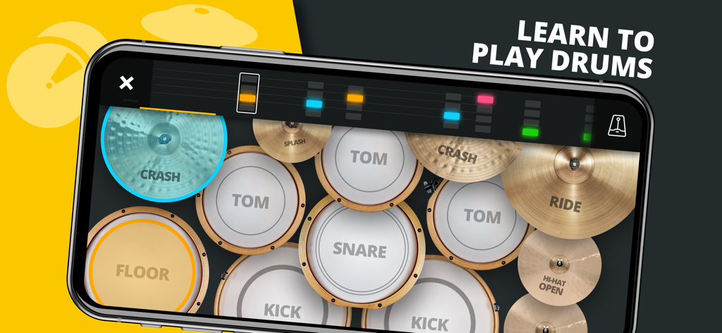 Mobile phone screen showing the Super Drum app digital drum kit and rhythm game interface.