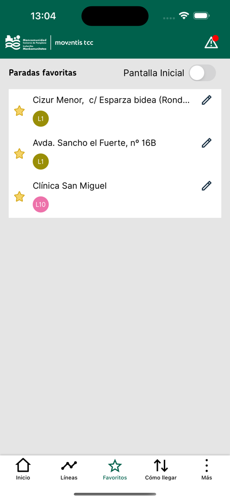 Lista de paradas de autobús favoritas en la interfaz de la aplicación Tu Villavesa Pamplona