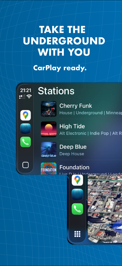 Submerge app interface on Apple CarPlay displaying a list of underground music radio stations like Cherry Funk and Deep Blue.