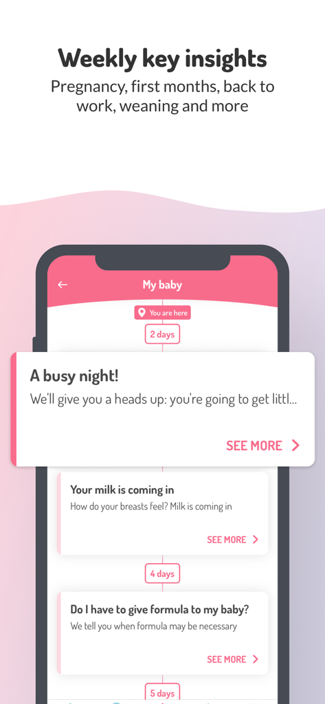 LactApp - Schermata di LactApp con approfondimenti settimanali per l'allattamento e la cura del bambino