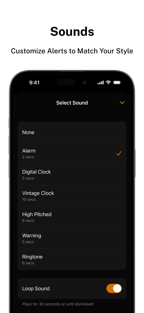 Timeris - Multi Timer Widgets - A menu in the Timeris app showing a list of selectable alert sounds like Digital Clock and Vintage Clock with a loop sound toggle.