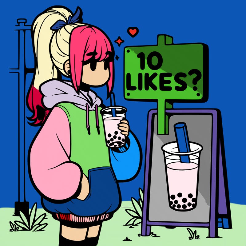 girl with oversized hoodie drinking boba and she has a high ponytail with a sign that says 10likes?