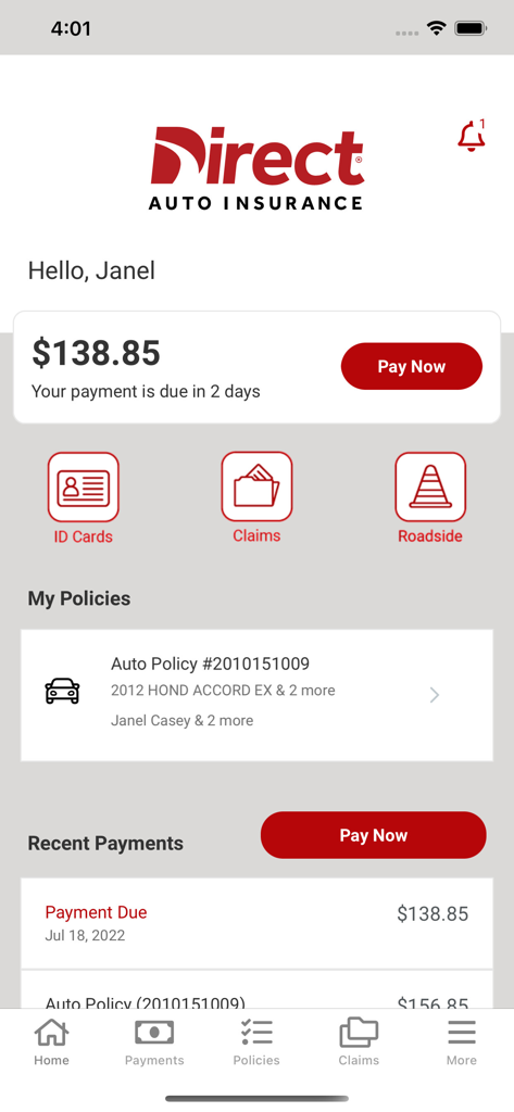 Direct Auto Insurance mobile app dashboard displaying payment due date, quick links for ID cards and claims, and policy information.