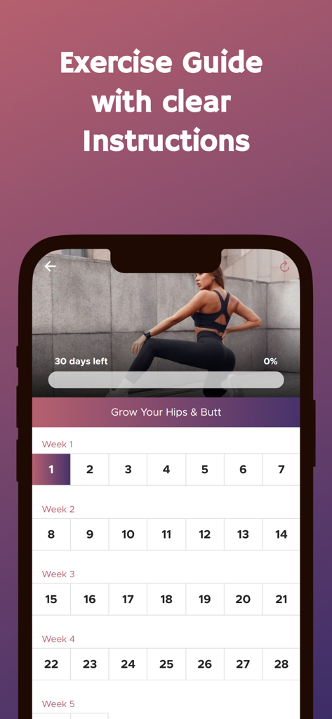 Mobile App-Oberfläche, die einen 30-tägigen Trainingskalender für eine Po-Lifting-Challenge anzeigt