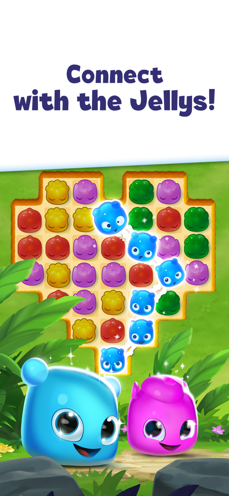 Gameplay screenshot of Jelly Splash showing a heart shaped puzzle board with colorful jelly characters and a line connecting blue jellys