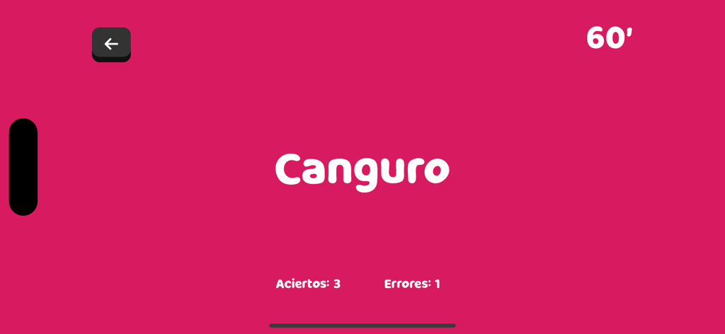 Interfaz del juego móvil Adivina Qué en español mostrando la palabra Canguro sobre un fondo rosa con un temporizador y puntuación