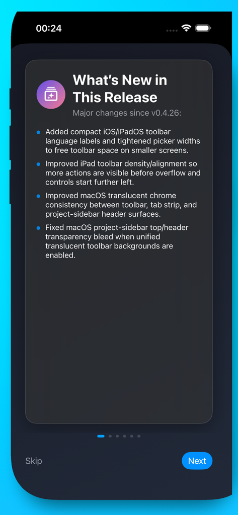 Neon Vision Editor - Captura de pantalla de la pantalla Novedades de Neon Vision Editor que muestra las actualizaciones recientes del software y las mejoras de la interfaz de usuario