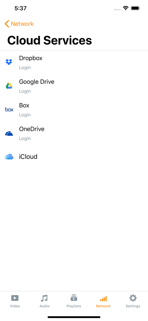 SPlayerX Pro - SPlayerX Pro cloud services screen showing Dropbox Google Drive Box OneDrive and iCloud integrations