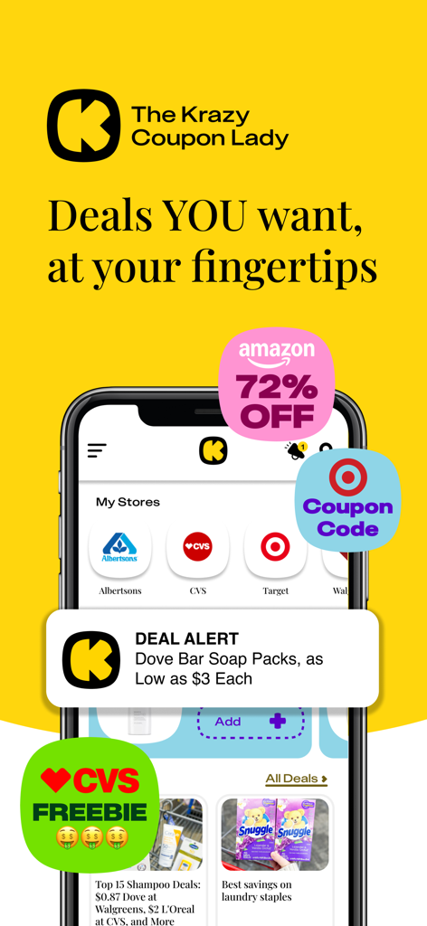The Krazy Coupon Lady app interface displaying personalized deals and store coupons
