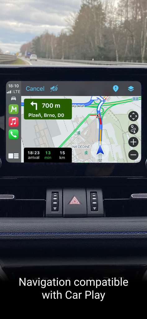 Mapy.com navigation app integrated with Apple CarPlay on a car's dashboard