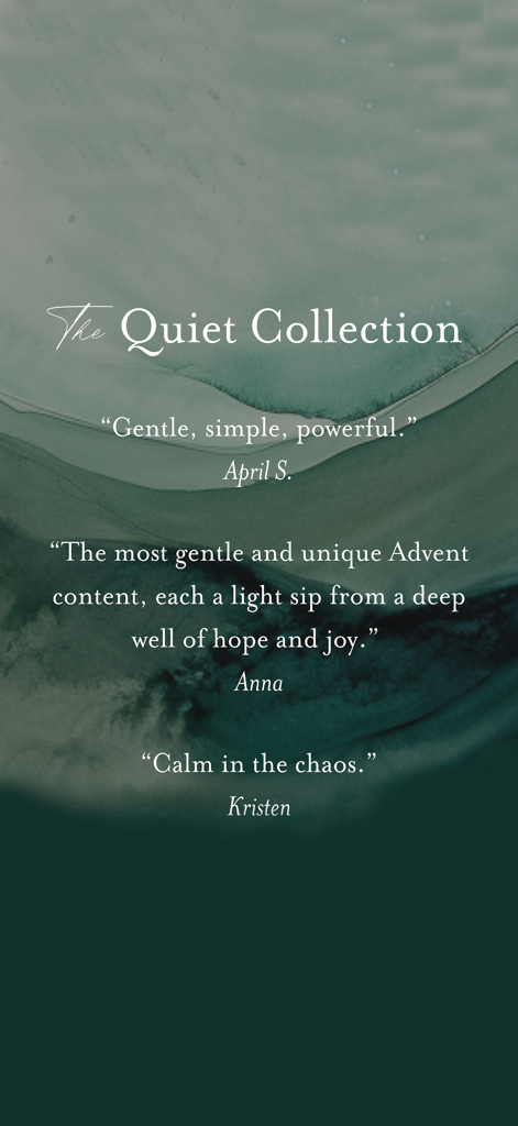 The Quiet Collection - User reviews and testimonials for The Quiet Collection spiritual wellness app on a calming green background.