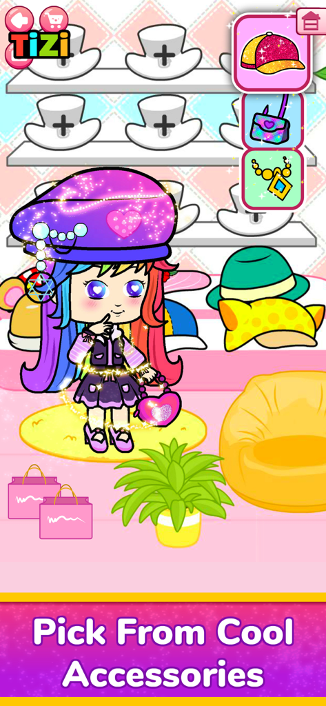 Doll Dress Up Games for Girls - バーチャルショップでファッションアクセサリーを選んでいる、虹色の髪のちびキャラドール
