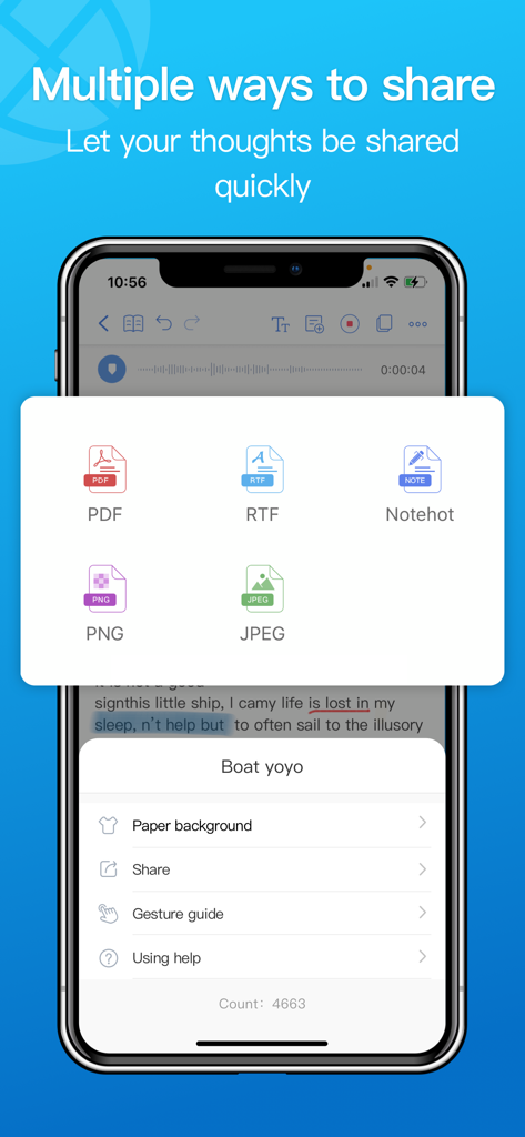 Notehot - notes&voice text - Captura de pantalla de la aplicación Notehot que muestra varios formatos de exportación de archivos, incluidos PDF, RTF, PNG y JPEG.