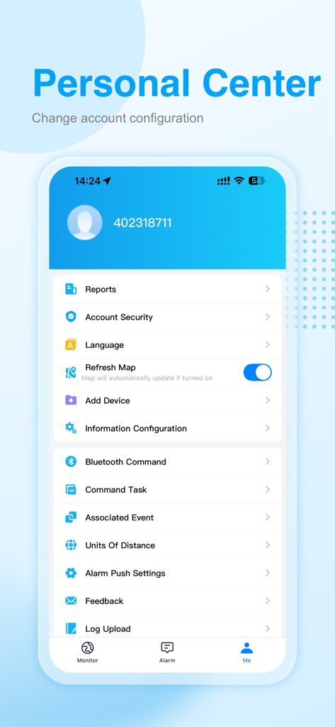 iTrac app personal center showing account settings and fleet management configurations