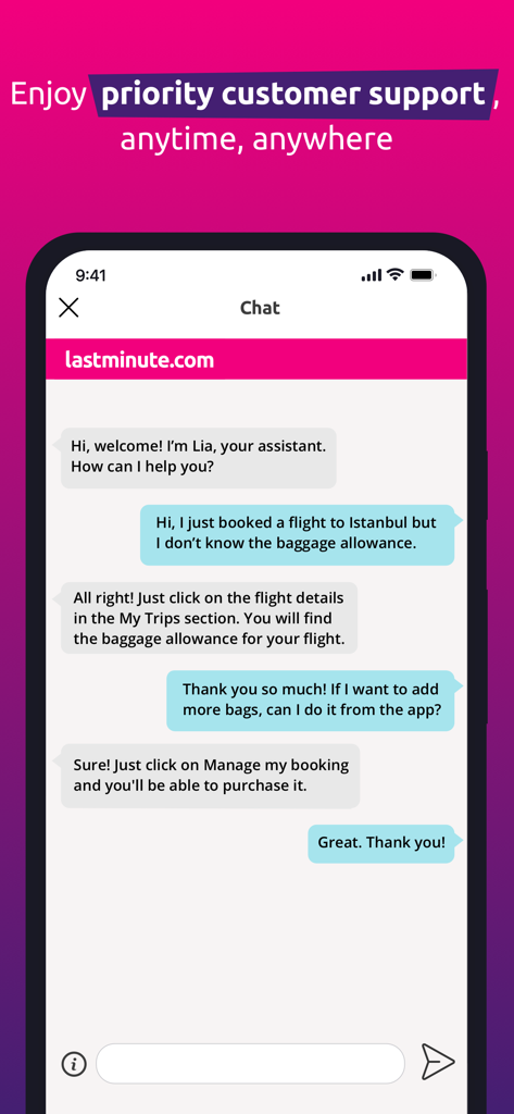 lastminute.com - Travel Deals - Captura de pantalla de la interfaz de chat de soporte al cliente de la app lastminute.com mostrando un asistente automatizado ayudando con los detalles de la reserva de vuelos.