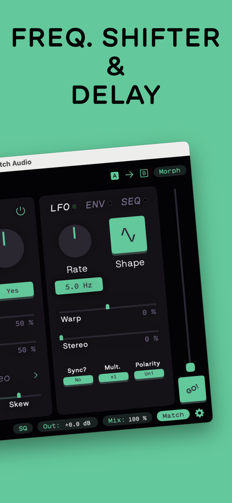 Galaxy Brain — Delay Effect - Interfaz de la aplicación Galaxy Brain mostrando el shifter de frecuencia y los ajustes LFO