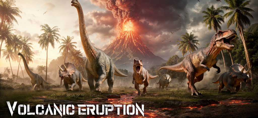 先史時代のジャングルで大規模な火山噴火から逃げるT-レックスやトリケラトプスを含む恐竜の群れ。