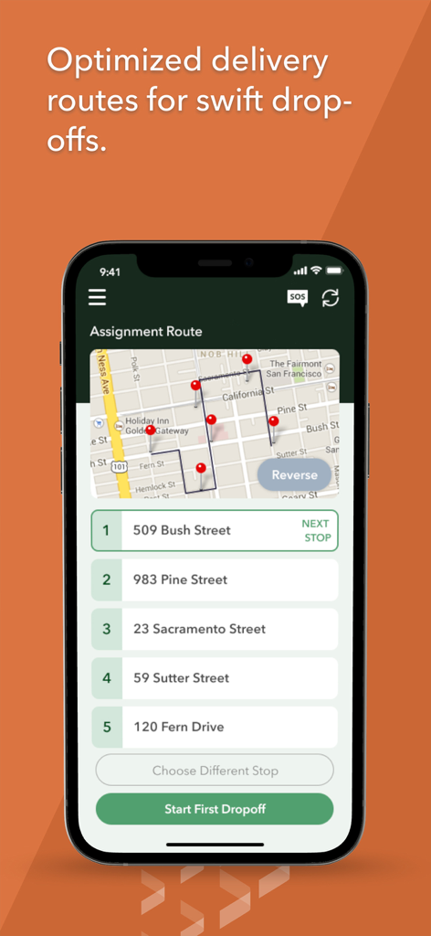 Jitsu Drive - Jitsu Drive App-Oberfläche, die eine optimierte Lieferroutenkarte mit mehreren Ablageorten und einer sequenzierten Adressliste anzeigt.