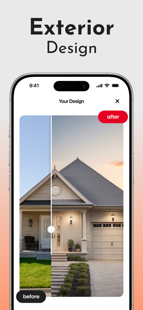 KI-gestützte Außengestaltung von Häusern, die einen Vorher-Nachher-Renovierungs-Schieberegler in einer mobilen App zeigt.