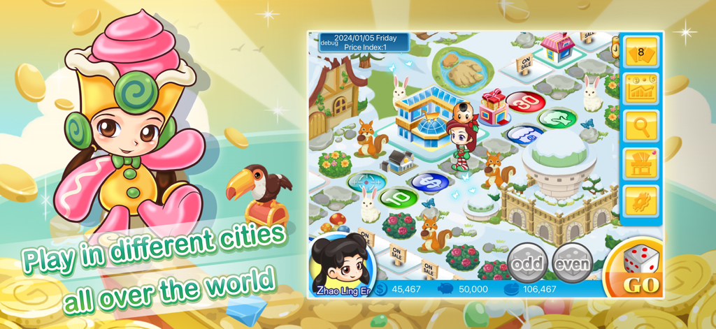 A chibi character next to a winter themed board game map with buildings and dice in Richman 4 Fun Lite