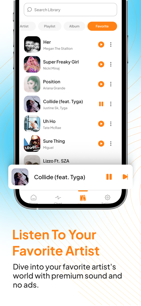 Tubidy : Music, Videos, Songs - La interfaz de la aplicación Tubidy que muestra una lista de canciones favoritas y un reproductor de música activo