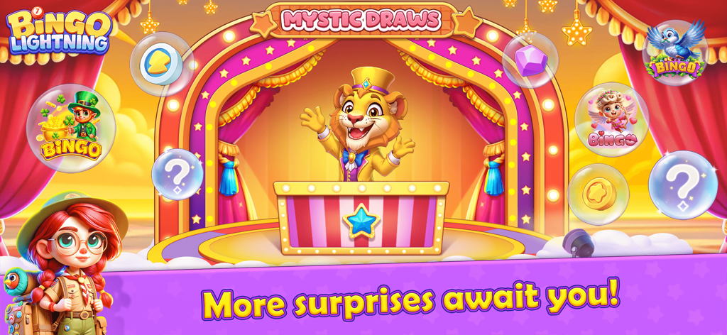 Bingo Lightning - Una colorida pantalla de juego Mystic Draws en Bingo Lightning con un personaje de león en el escenario y varias burbujas de recompensas.
