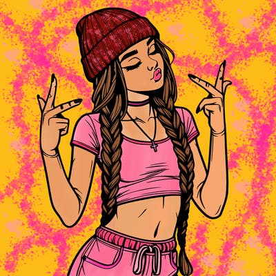realistic teenage girl with braids and a beanie and crop top doing 🫶🏼