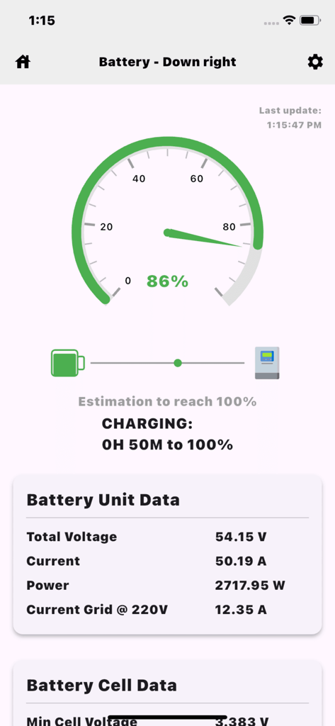 CEPOWER JKBMS Monitor dashboard showing battery charging status at 86 percent with voltage and current data