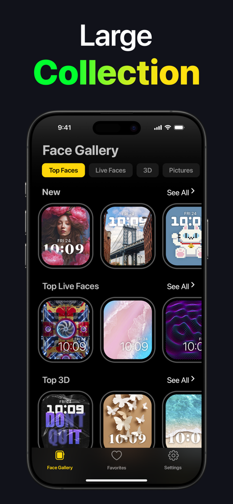Watch Faces - WatchLab - Interface iPhone montrant une grande collection de cadrans artistiques pour Apple Watch dans la galerie d'applications WatchLab.