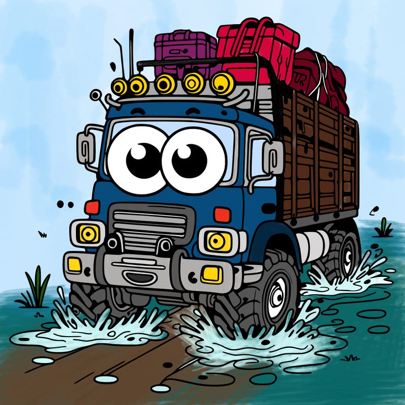 truck car with the eyes instead lights going through mud on road trip in the field with stuff strapped on the roof