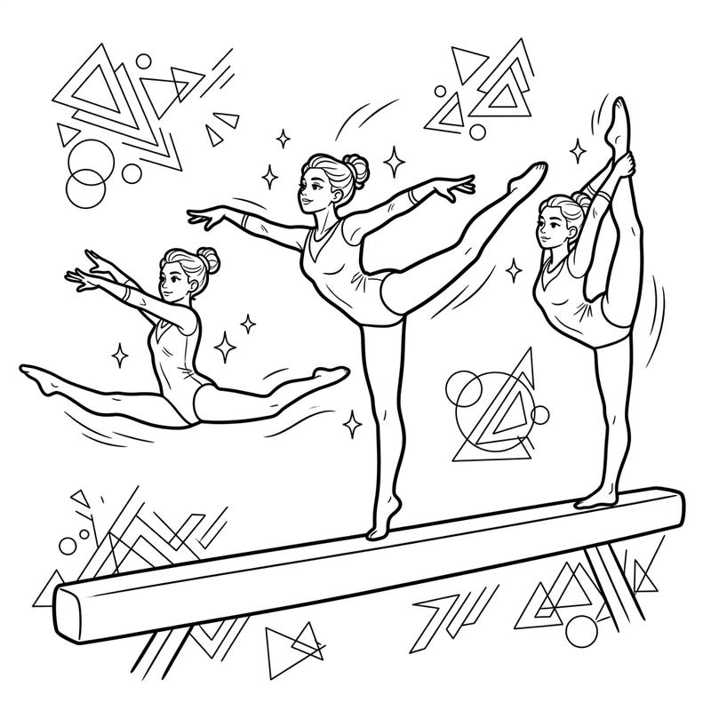 Experience the elegance and power of gymnastics with this captivating coloring page featuring three talented balance beam gymnasts. Perfect for aspiring athletes and art enthusiasts alike, it invites you to add your personal touch to their graceful poses.
