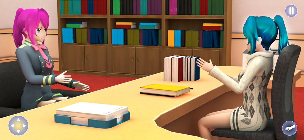 Anime School Teacher Sim Games - Ein Anime-Lehrer sitzt an einem Schreibtisch und spricht mit einem Schüler in einem Schulbüro.