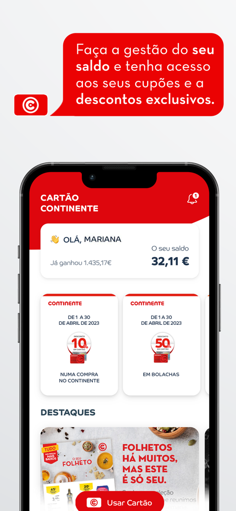 Cartão Continente - Interface da aplicação Cartão Continente mostrando o saldo de fidelização e os cupões de desconto digitais