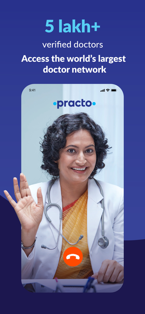 Practo - Consult Doctor Online - Practo app screen showing a video consultation with a smiling female doctor and mention of over 5 lakh verified doctors