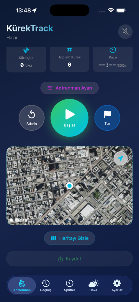 Workout tracking interface of the Rowing Track app showing stroke rate, pace, and a GPS satellite map.