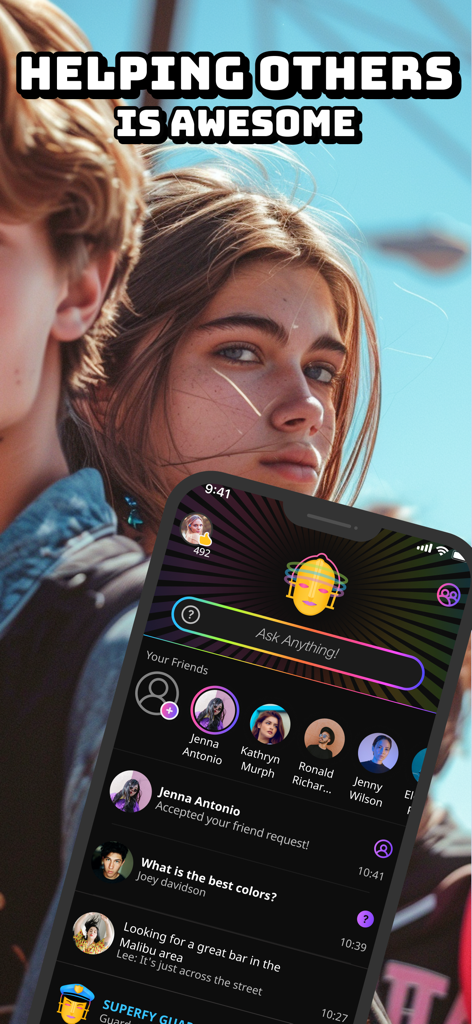 Smartphone showing the Superfy app interface with community chats and the slogan Helping Others Is Awesome