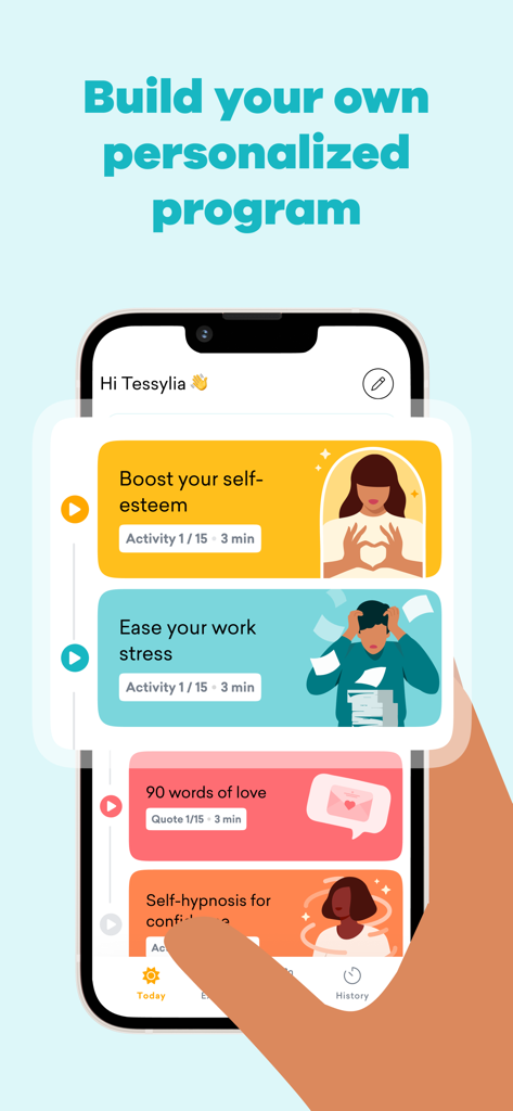 MindDay: Mental Health, Stress - Pantalla de la aplicación MindDay que muestra opciones de actividades personalizadas de salud mental para el estrés y la autoestima