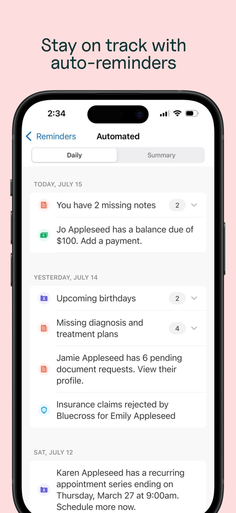 Interface of the SimplePractice for Clinicians app showing automated practice management reminders for notes and billing.