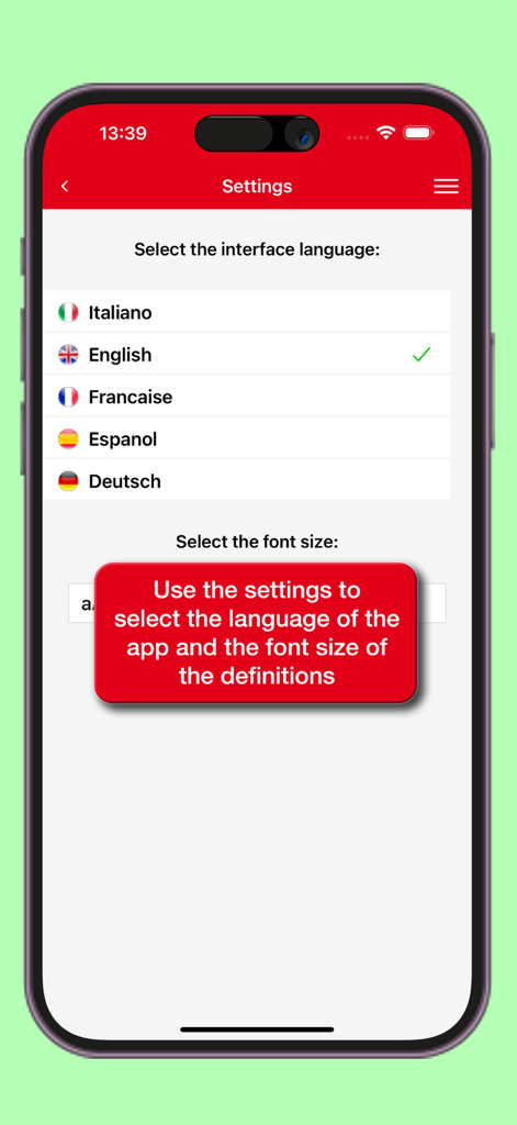 L'interface des paramètres de l'application Dictionnaire Gastronomique Hoepli pour sélectionner la langue de l'interface et la taille de la police