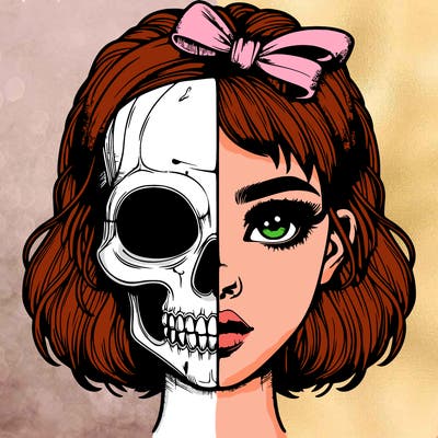 realistic girl with half skull mask