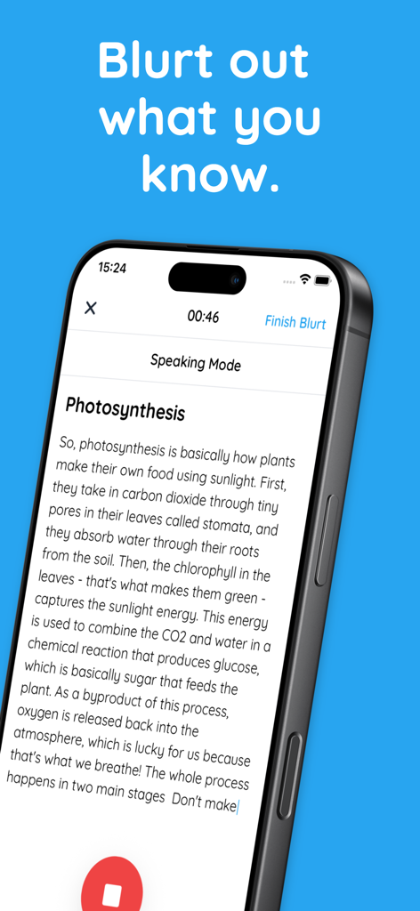Mobile app interface showing a voice-to-text study session about photosynthesis using the blurting method