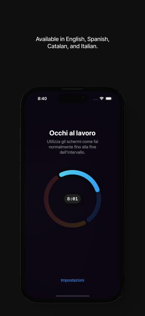 Rest Your Eyes - Breaks - Rest Your Eyes app screen showing a break timer in Italian with multilingual support.