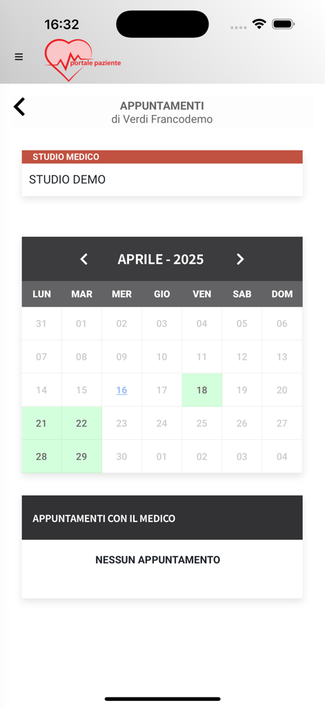 Portale paziente - Atlasmedica - Pantalla del calendario de citas en la aplicación móvil Portale paziente Atlasmedica que muestra una vista mensual para la programación médica.