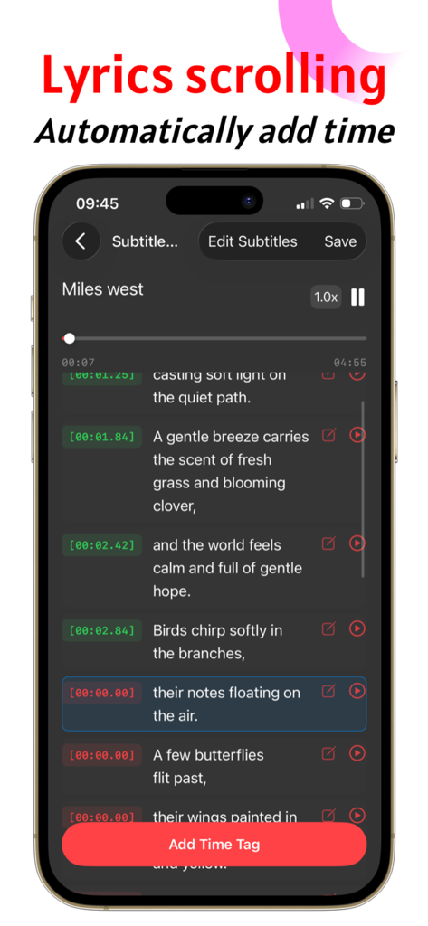 LRC Lyrics - Lyric Master Tool - Mobile app interface for adding time tags to scrolling lyrics