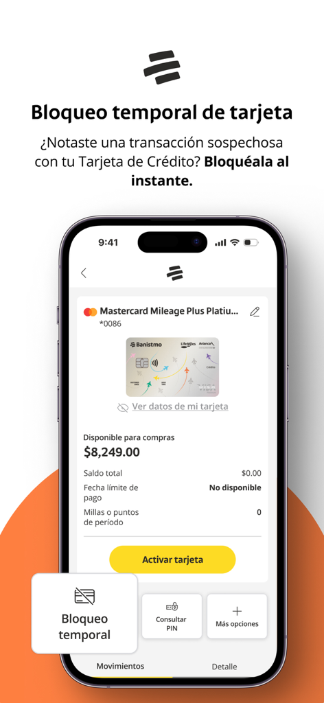 Banistmo APP Personas - Una pantalla de teléfono móvil que muestra la función de la aplicación Banistmo para el bloqueo temporal de tarjetas de crédito con una interfaz de Mastercard.