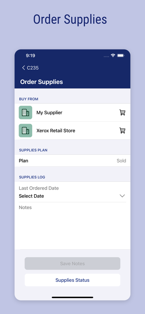 Xerox® Easy Assist - A smartphone interface showing the Order Supplies section of the Xerox Easy Assist app with options to buy from a supplier or retail store.