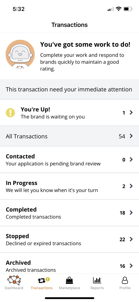 Intellifluence - Transactions dashboard in the Intellifluence app displaying the status of various brand collaborations for influencers.