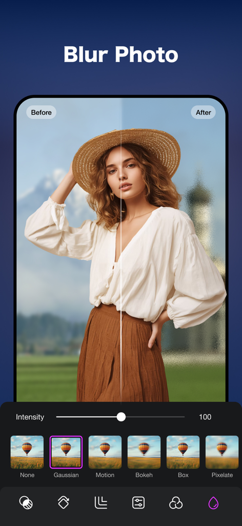 Picsoft AI Photo Editor - Oberfläche von Picsoft KI-Fotobearbeitung, die einen Vorher-Nachher-Vergleich eines Porträts mit unscharfem Hintergrund mit dem Gaußschen Weichzeichner-Werkzeug zeigt.