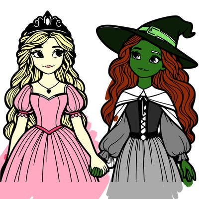 a princess and a witch holding hands realistic